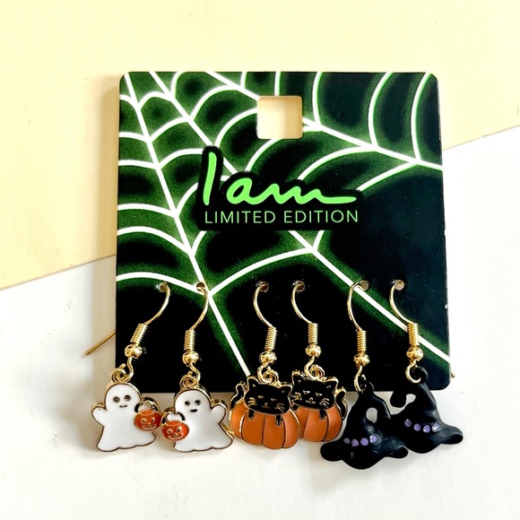 🏷️🎉LE🎉 ghost cat pumpkin witch dangling halloween earrings set of 3 - Picture 3 of 8
